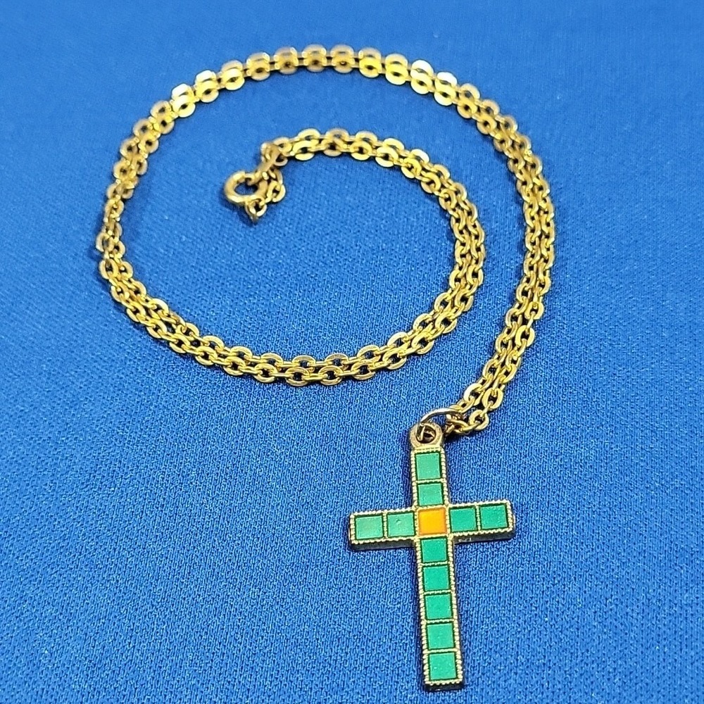 Vintage Necklace Blue Green Aqua Crucifix Cross Textile Design On Goldtone Chain